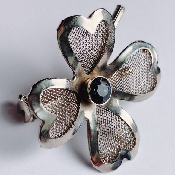 VTG Mid Century Brooch Mesh Clover Blue Rhinestone Silver Tone Pin - Picture 2 of 9